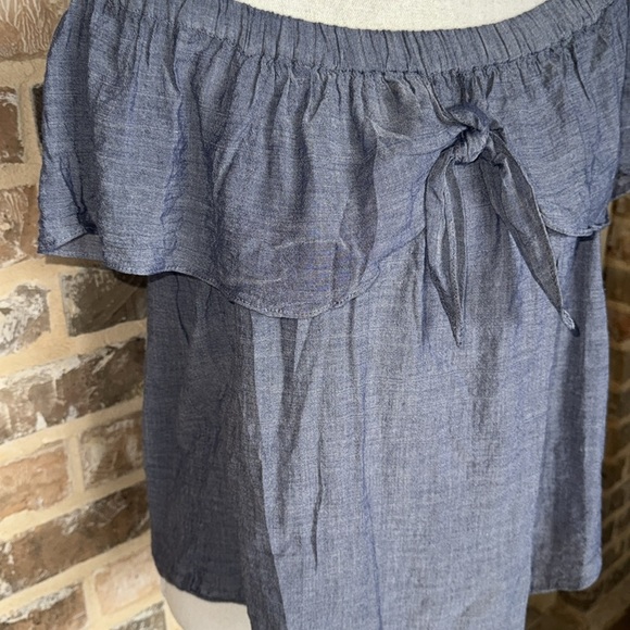 Naked Zebra Chambray Peasant Off-Shoulder Swing Top Ruffle & Tie Detail Sz Large - Picture 9 of 12